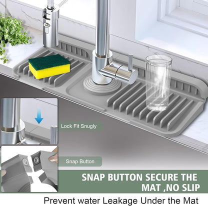 17.7-Inch Kitchen Sink Splash Guard Mat | 7° Slope for Fast Self-Draining | Snap-Lock Design | Universal & Cuttable Silicone Faucet Mat Gray