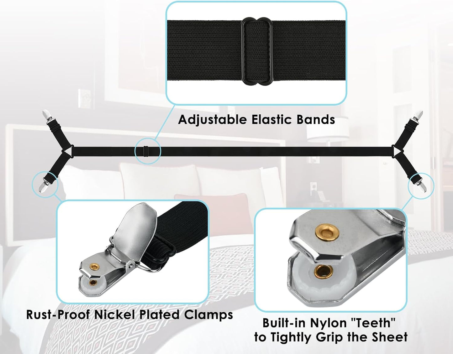 DS. DISTINCTIVE STYLE Sheet Straps 2 Pieces Mattress Sheet Holder Straps for Queen/King Size Bed Suspenders Twin XL Adjustable Elastic Bands and Corner Clips