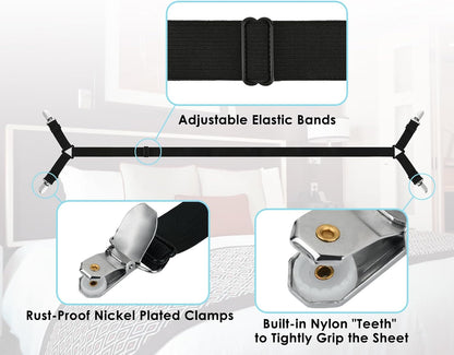 DS. DISTINCTIVE STYLE Sheet Straps 2 Pieces Mattress Sheet Holder Straps for Queen/King Size Bed Suspenders Twin XL Adjustable Elastic Bands and Corner Clips