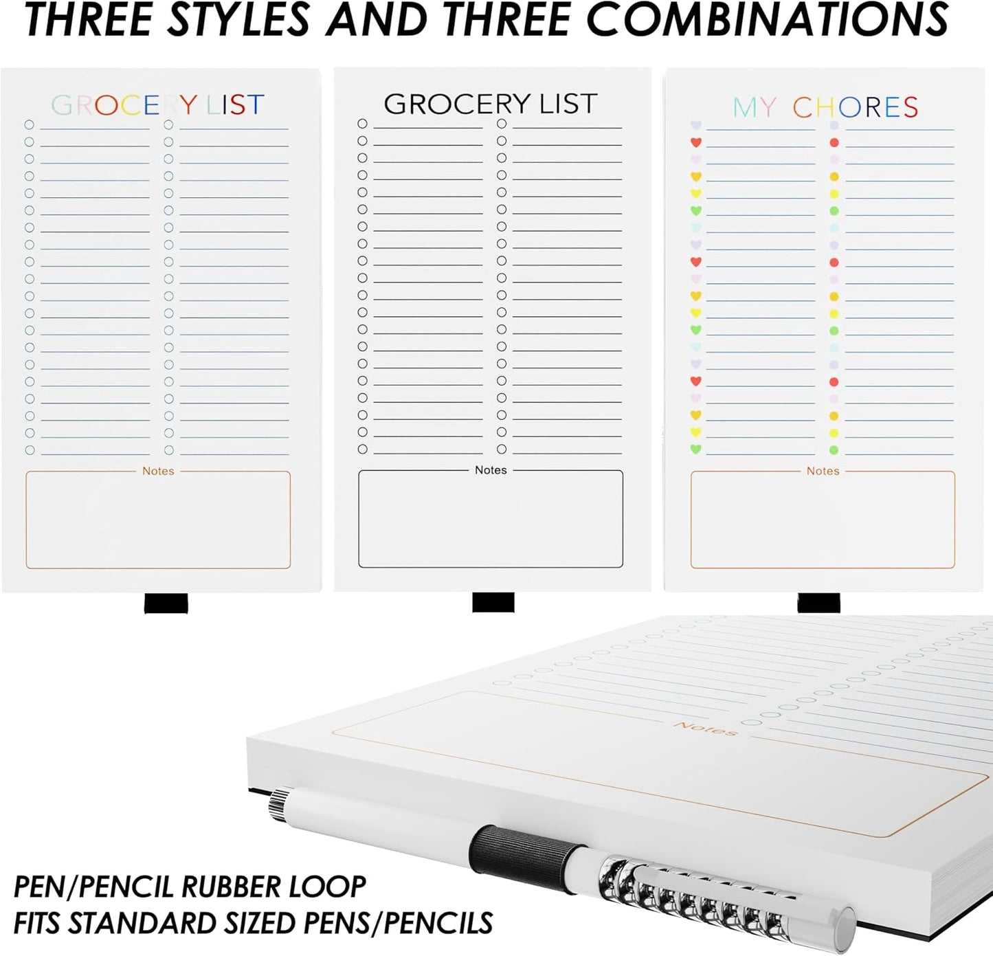 Magnetic Grocery List Pad for Fridge, 3 Pack Notepads | Strong Full Back Magnet with Pen Holder, 3 Pads, 180 Sheets for Grocery Lists, Meal Plans and To Do Lists