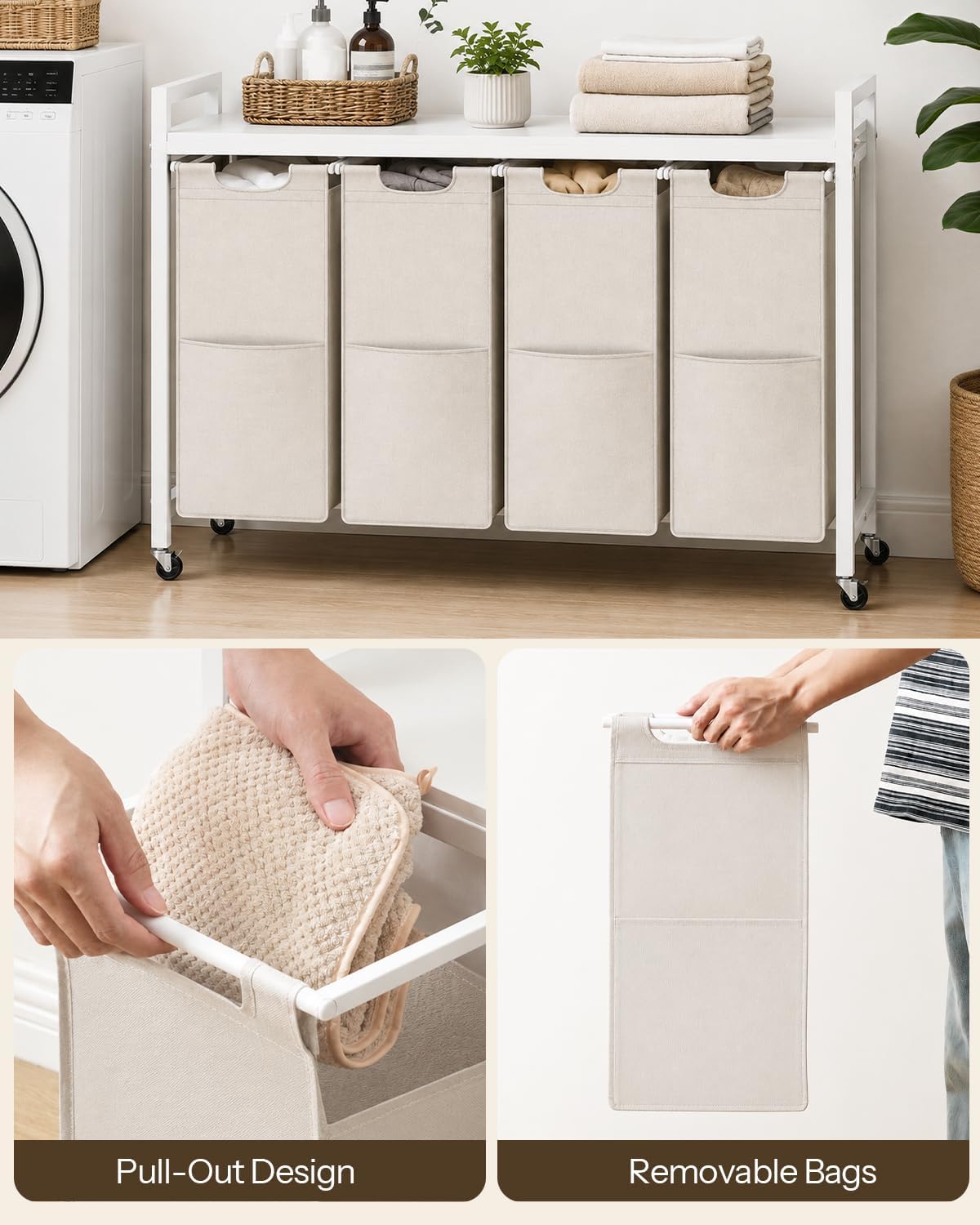 HOOBRO Laundry Sorter 4 Sections, Laundry Hamper with Wheels, 4 × 10.5 Gal (39.8L), Rolling Laundry Basket, Pull-Out and Removable Oxford Fabric Bags, Greige and Black BG04XY01