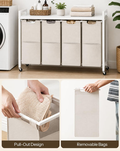 HOOBRO Laundry Sorter 4 Sections, Laundry Hamper with Wheels, 4 × 10.5 Gal (39.8L), Rolling Laundry Basket, Pull-Out and Removable Oxford Fabric Bags, Greige and Black BG04XY01