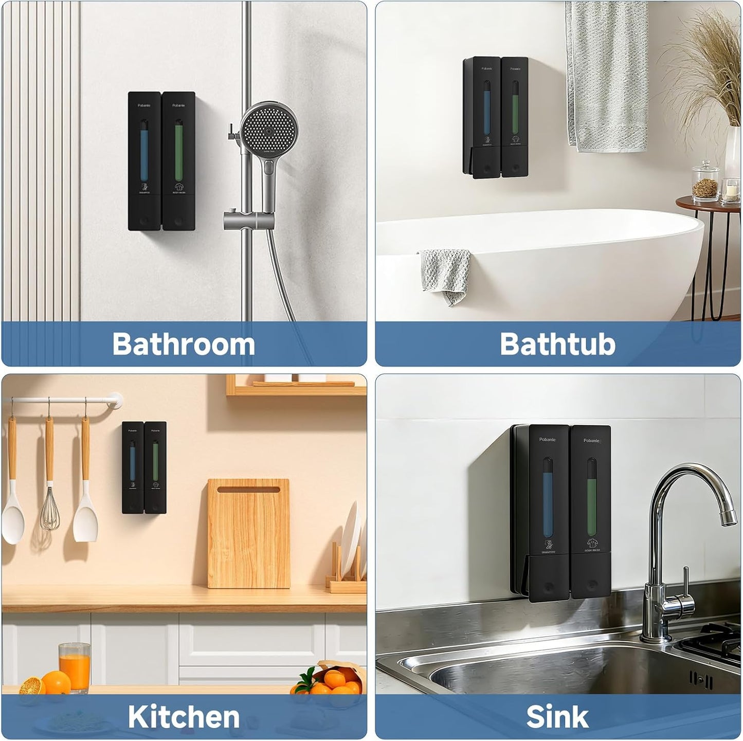 Shampoo and Conditioner Dispenser - Shower Soap Dispenser Wall Mounted No Drill - Shampoo Conditioner Body Wash Dispenser 3 Chamber - Easy Install for Bathroom Hotel Black 1200ml