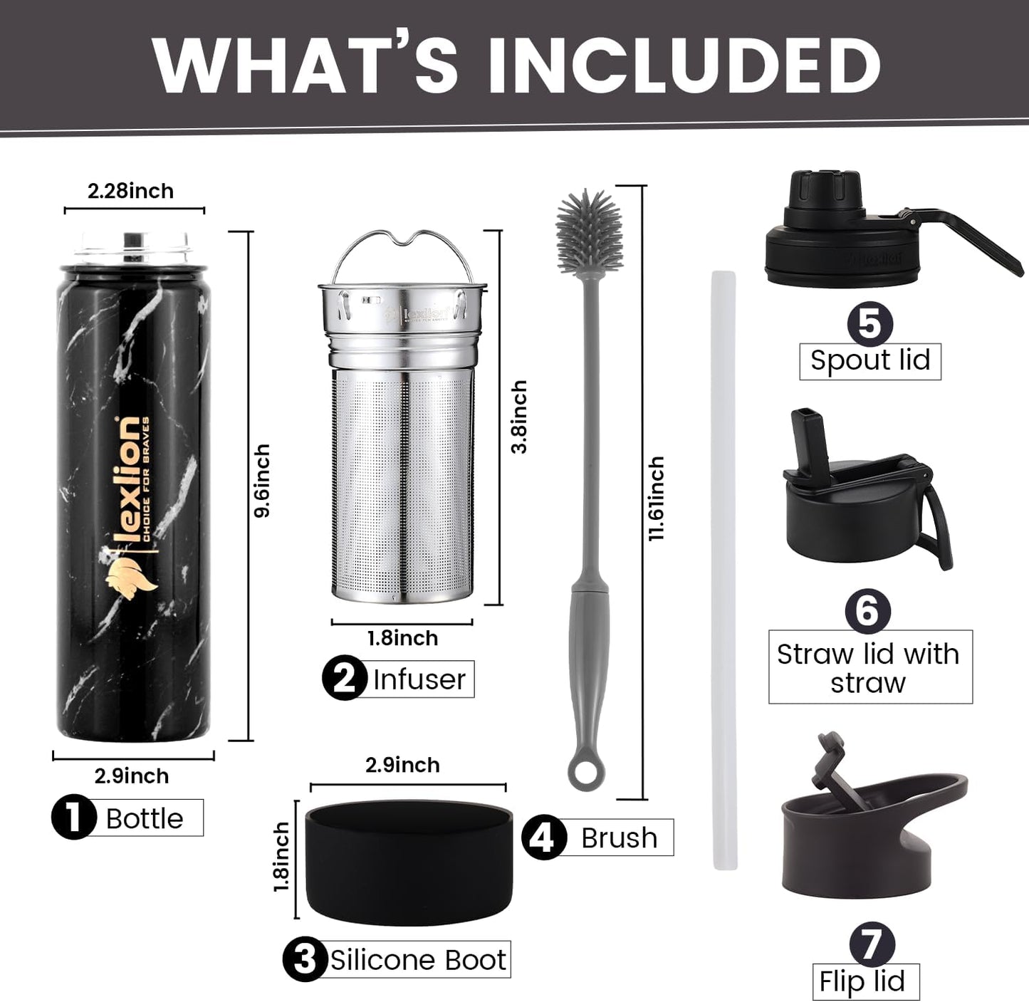 Lexlion Tea Infuser Water Bottle 22 Oz – Triple Wall Insulated Stainless Steel, Loose Leaf & Fruit Strainer, 3 Leakproof Lids, BPA-Free Silicone Sleeve, Reusable Thermal Mug