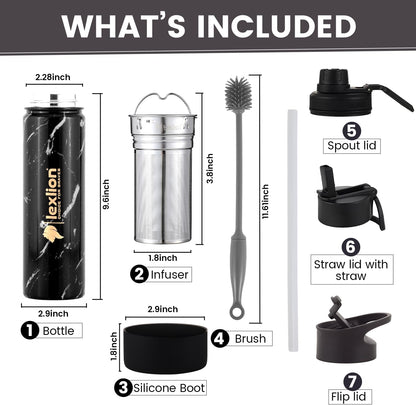Lexlion Tea Infuser Water Bottle 22 Oz – Triple Wall Insulated Stainless Steel, Loose Leaf & Fruit Strainer, 3 Leakproof Lids, BPA-Free Silicone Sleeve, Reusable Thermal Mug