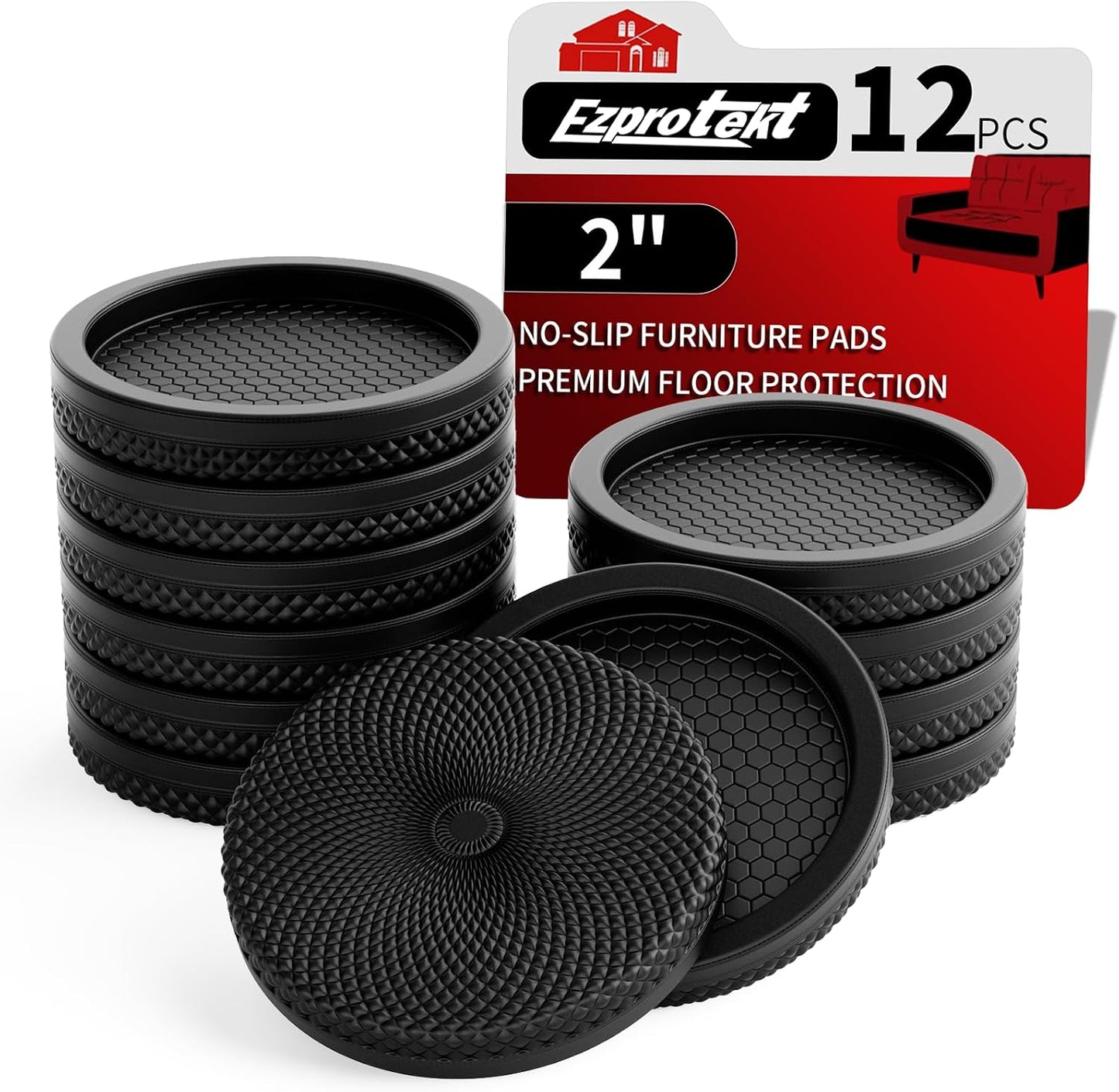 Ezprotekt Non Slip Furniture Pads, 12 Pcs 2" Anti Slip Rubber Caster Cups, No Slide Furniture Gripper, Anti Skid Furniture Coasters for Hardwood Floors, Furniture Stoppers to Prevent Sliding (Black)