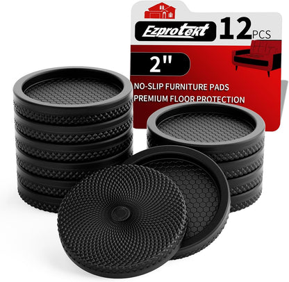 Ezprotekt Non Slip Furniture Pads, 12 Pcs 2" Anti Slip Rubber Caster Cups, No Slide Furniture Gripper, Anti Skid Furniture Coasters for Hardwood Floors, Furniture Stoppers to Prevent Sliding (Black)