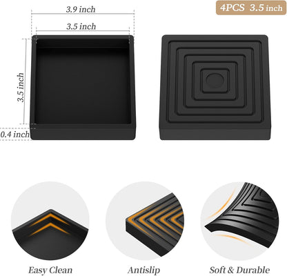 Furniture Coasters Caster Cups Rubber 3.5 inch Square No Slip Pads Hardwood Floors Protectors-for Furniture Legs Sofa Bed Piano Chair Feet Prevent Sliding Stoppers (4, Black Square 3.5 inch)