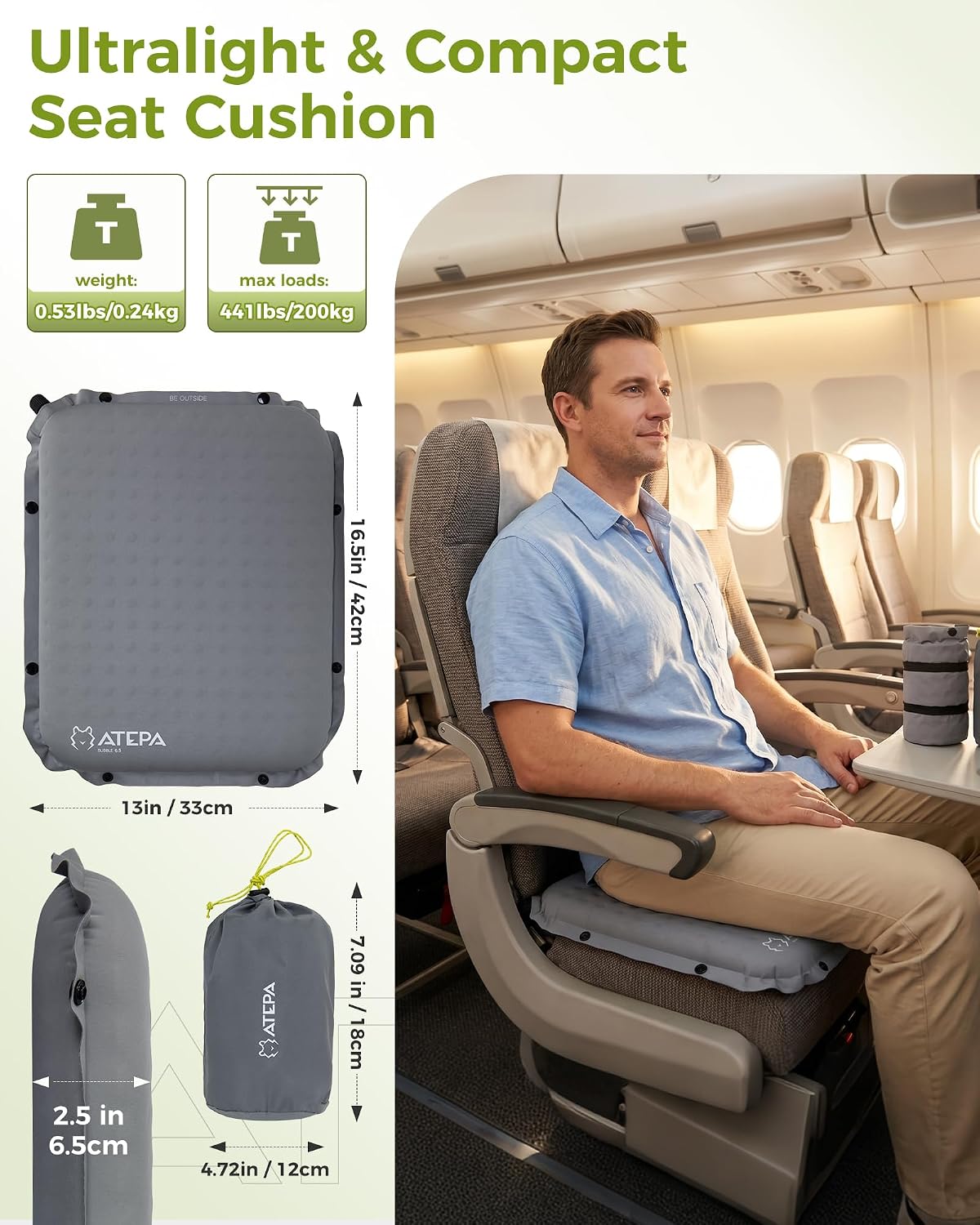 ATEPA Inflatable Seat Cushion | 2" & 2.5" foam core seat pad, Self inflating, Compact, Stadium, Airplane, Travel, Camping, Hiking, Sports events