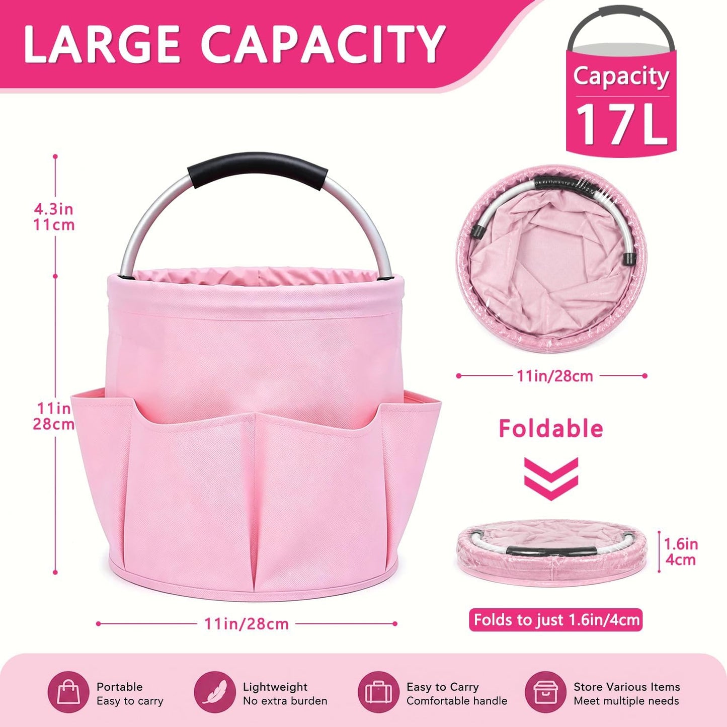 Cleaning Caddy with Handle, 17L Foldable Storage Basket, Heavy Duty 600D Oxford Cloth Organizer, Portable Supply Bag, Multi-Purpose Supplies Caddy for Home, Bathroom, Kitchen, Garden - Black