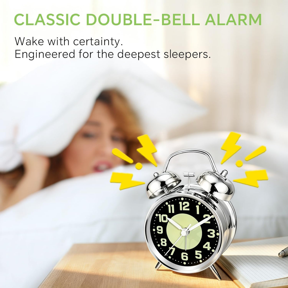 4.5" Metal Loud Alarm Clock for Heavy Sleepers Adults, Analog Battery Operated Alarm Clock with Bells Glow in Dark Numbers, Silent Old School Bedside Desk Clock for Bedroom Office Kids, Black
