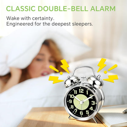 4.5" Metal Loud Alarm Clock for Heavy Sleepers Adults, Analog Battery Operated Alarm Clock with Bells Glow in Dark Numbers, Silent Old School Bedside Desk Clock for Bedroom Office Kids, Black