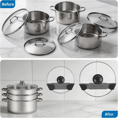 Adjustable Pot Lid Holder for 6" to 14" Lids, White 4 Pack | Pan Lids Organizers, No Drilling Required & Detachable, Sticky Wall Mounted Lid Storage for Kitchen Wall, Cabinets & Door