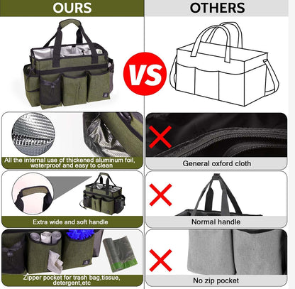 Large Cleaning Caddy Bag Built-in hard plastic sheet Aluminum foil lining | Waterproof nylon, aluminum foil lining, detachable dividers, dual straps for housekeepers