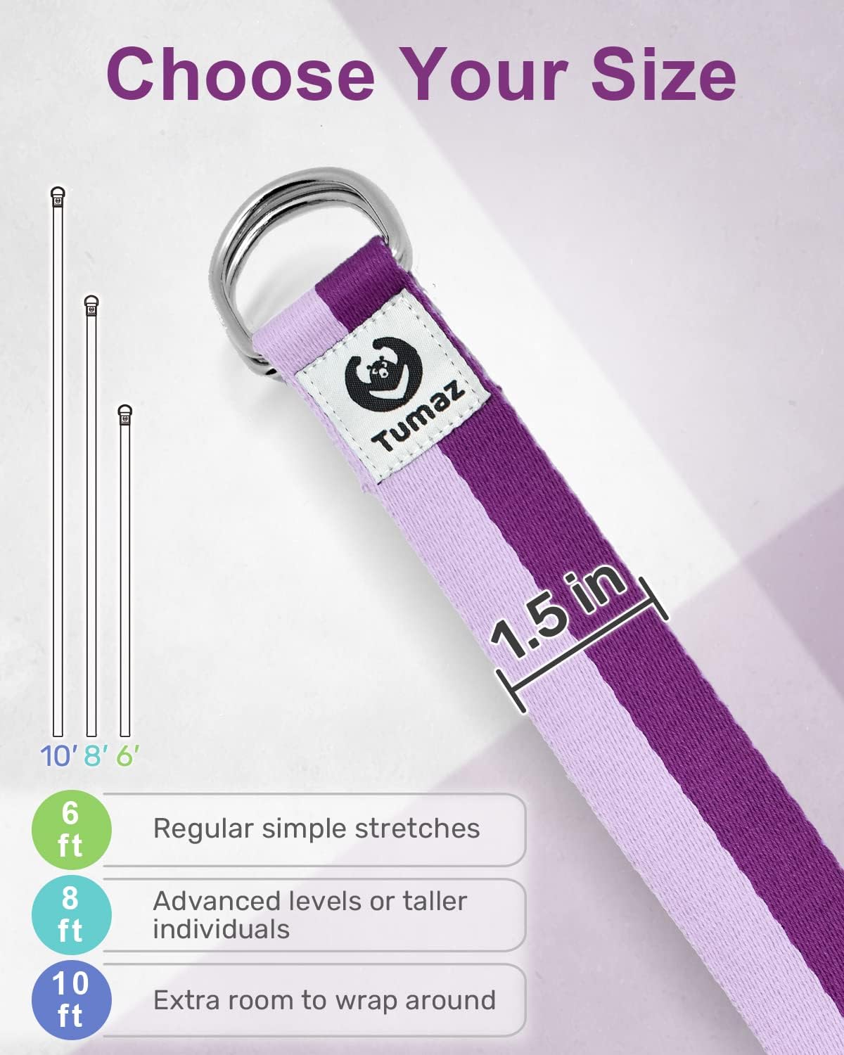 Tumaz Yoga Strap for Stretching with Adjustable D-Ring, 6/8/10 ft