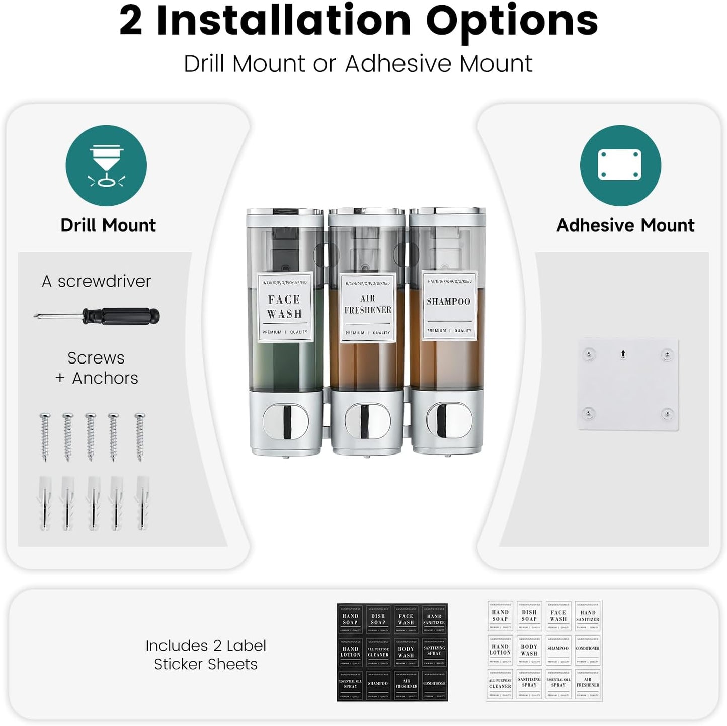 Wall Mounted Shower Soap Dispenser 3 Chamber,No Drill Shower Dispenser | Shampoo and Conditioner Dispenser for Bathroom Hotel Large Capacity, each 300ml with two waterproof labels,Gold