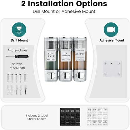 Wall Mounted Shower Soap Dispenser 3 Chamber,No Drill Shower Dispenser | Shampoo and Conditioner Dispenser for Bathroom Hotel Large Capacity, each 300ml with two waterproof labels,Gold