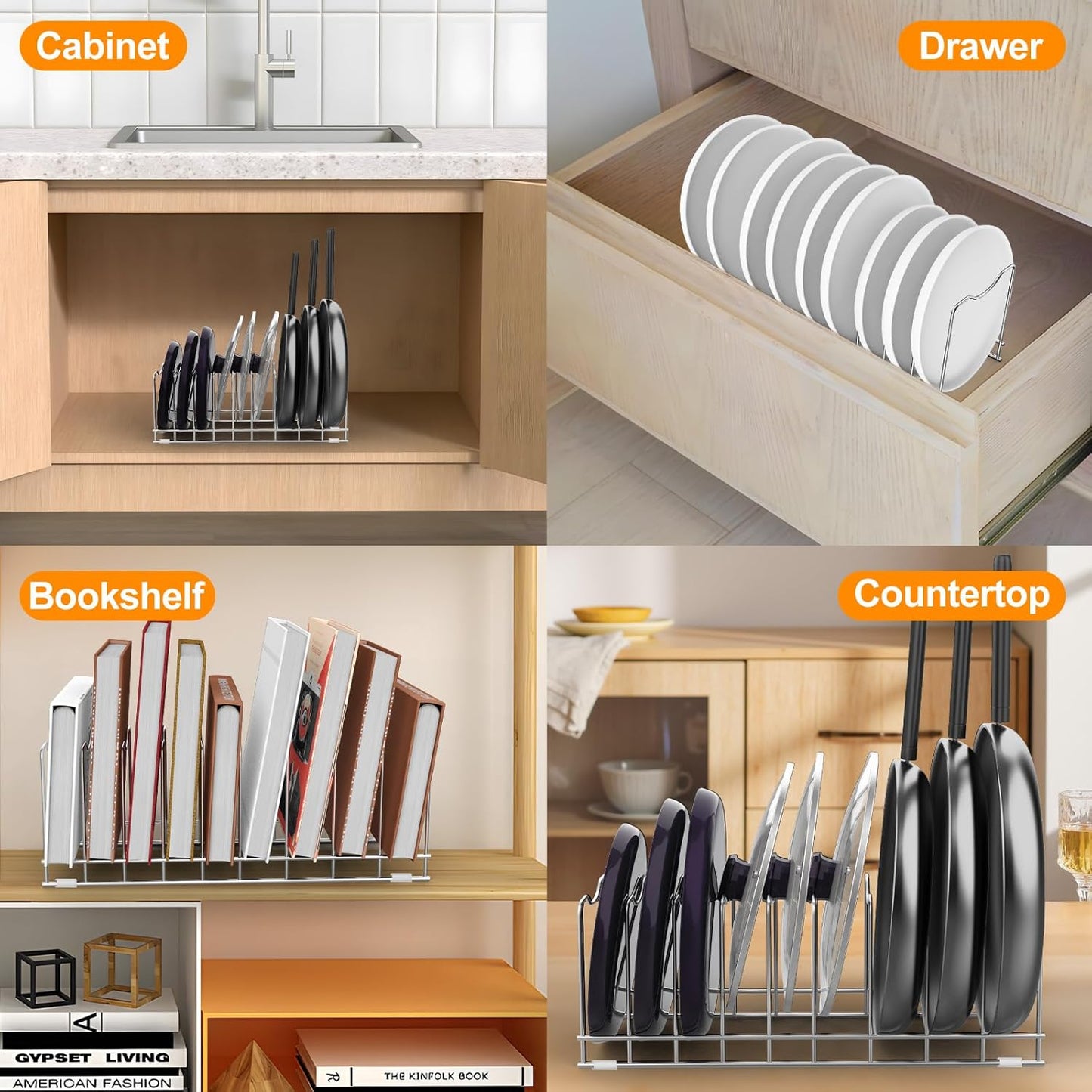 FLSEPAMB Lid Organizer Pot Lid Organizer 10-Tier Pot Lid Rack Holder Suitable for Bakeware Dish Plate, Cutting Boards, Pots & Pans, Serving Trays, Reusable Containers in Cabinet Pantry (1 Pack)