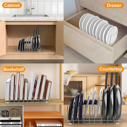 FLSEPAMB Lid Organizer Pot Lid Organizer 10-Tier Pot Lid Rack Holder Suitable for Bakeware Dish Plate, Cutting Boards, Pots & Pans, Serving Trays, Reusable Containers in Cabinet Pantry (1 Pack)