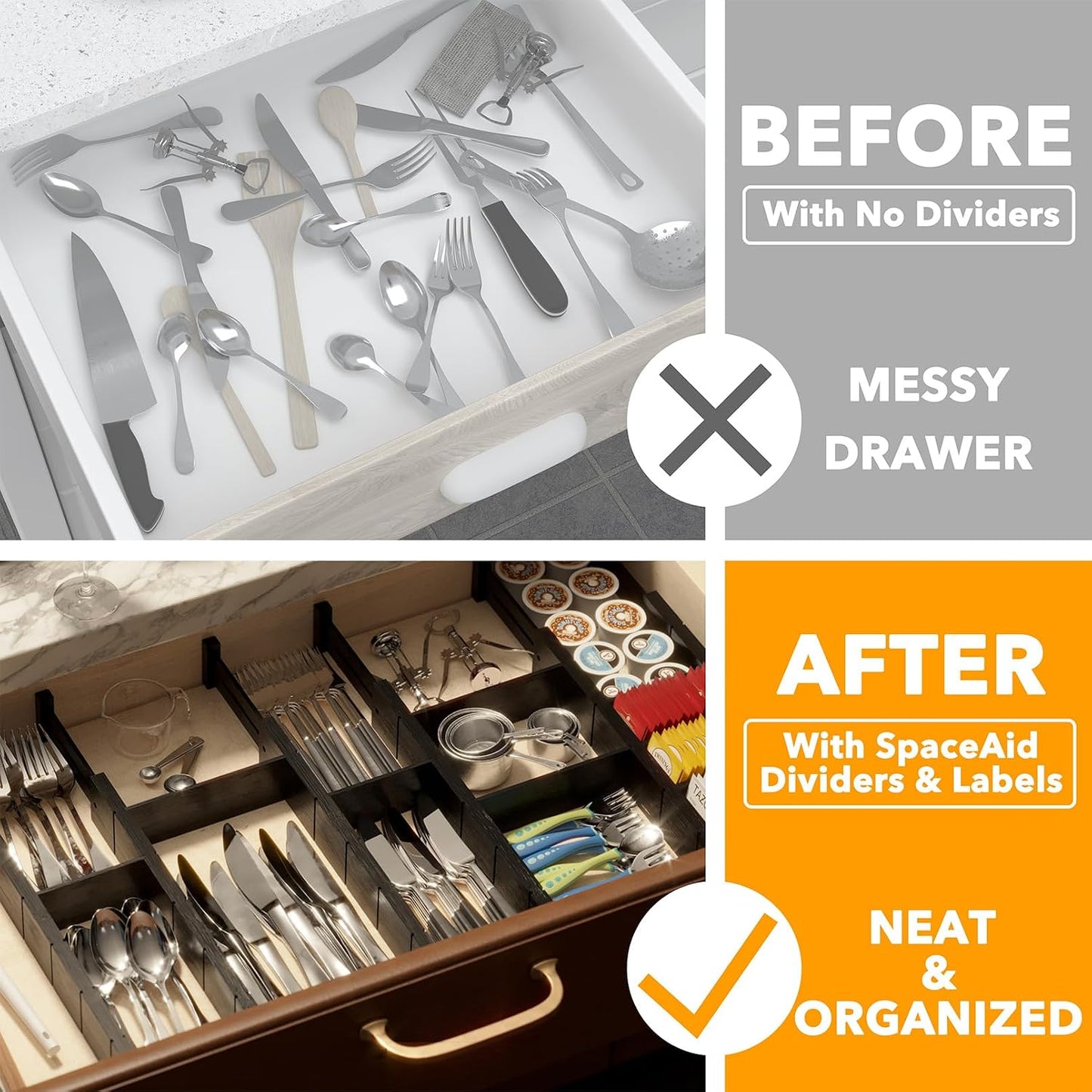 SpaceAid Bamboo Drawer Dividers with Inserts and Labels, Kitchen Adjustable Drawer Organizers, Expandable Organization for Home, Office, Dressers, 4 Dividers with 9 Inserts (17"-22" Natural)