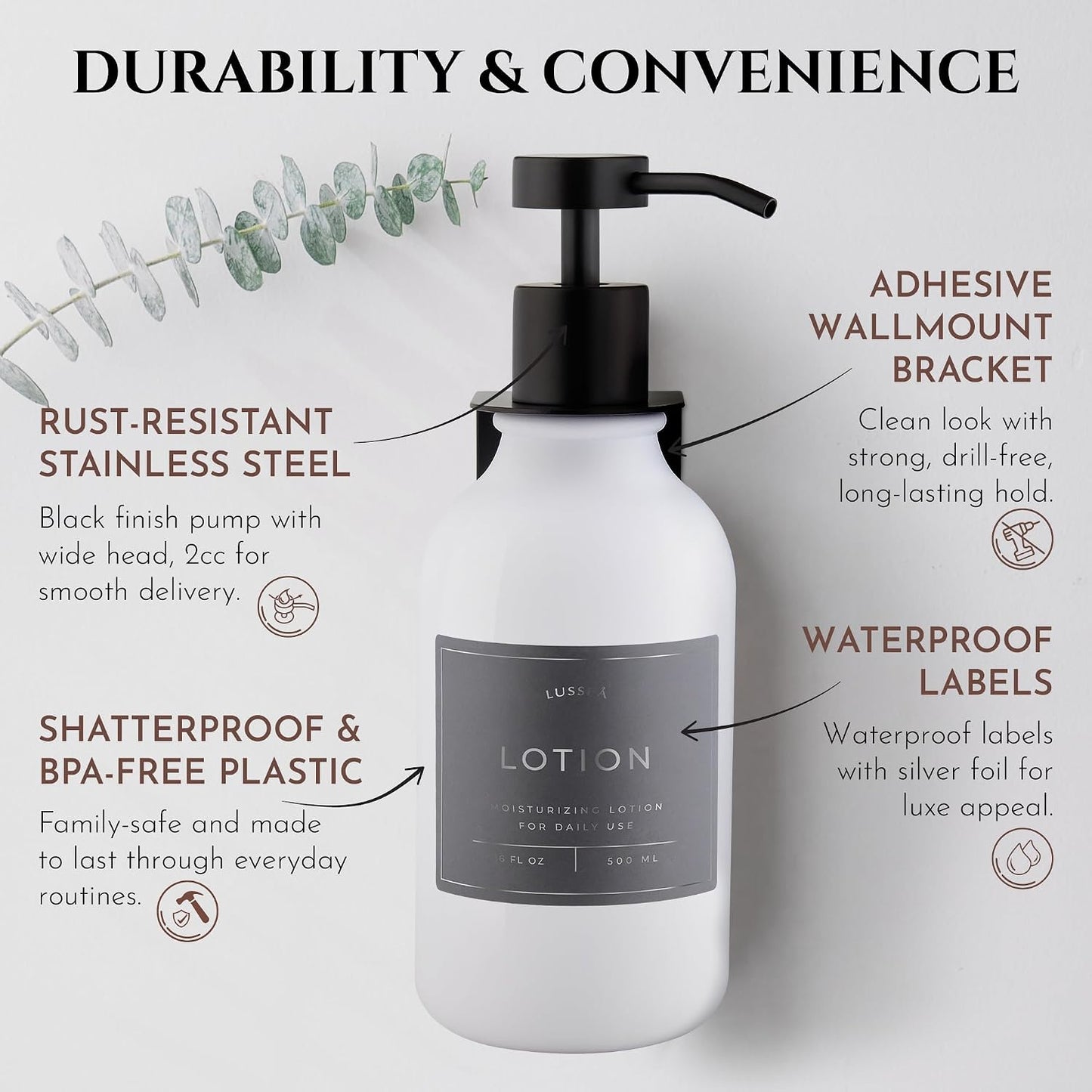 Shower Shampoo Dispenser Wall Mounted – 3 Refillable 16.9 oz Clear Bottles with Stainless Steel Pumps & No-Drill Adhesive Holders – Soap Dispenser Set for Bathroom (3 X Clear/Silver)