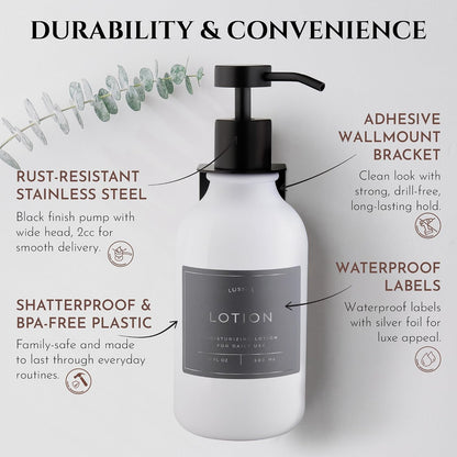 Shower Shampoo Dispenser Wall Mounted – 3 Refillable 16.9 oz Clear Bottles with Stainless Steel Pumps & No-Drill Adhesive Holders – Soap Dispenser Set for Bathroom (3 X Clear/Silver)