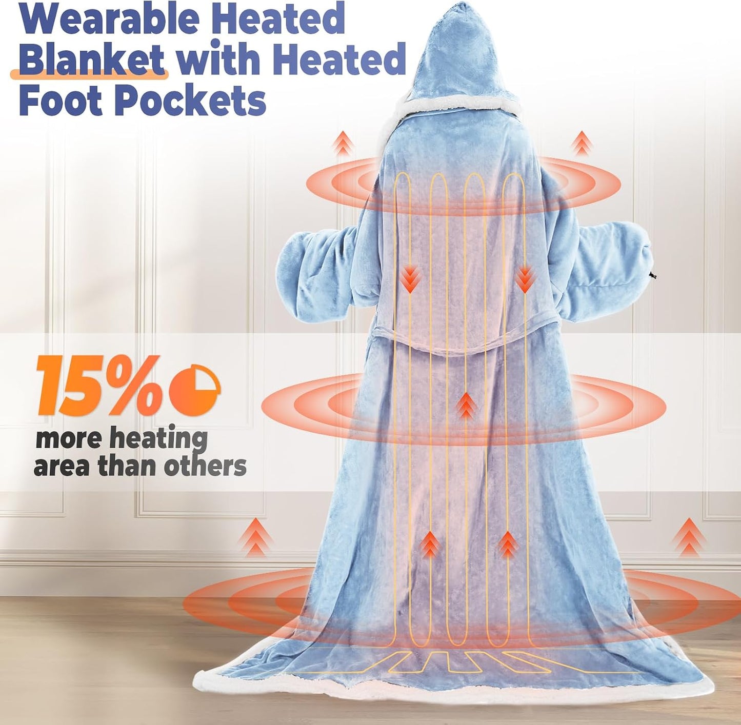 Wearable Heated Blanket with Foot Pocket, Electric Wearable Throw Blanket with Sleeves, Hood, Portable Heated Blanket with 8 Heat Settings, 1-10 Hours Auto Shut-off, Gift for Family, Friends, 50*70"