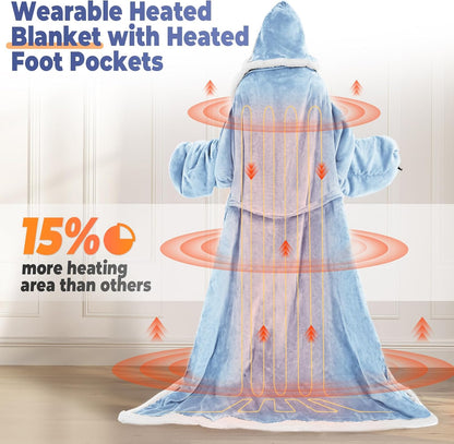 Wearable Heated Blanket with Foot Pocket, Electric Wearable Throw Blanket with Sleeves, Hood, Portable Heated Blanket with 8 Heat Settings, 1-10 Hours Auto Shut-off, Gift for Family, Friends, 50*70"