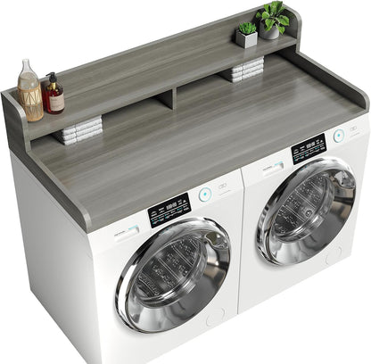 2-Tier Washer Dryer Countertop with 2.75" H Edge Rails, 54" W x 27.55" D Laundry Countertop for Folding Clothes, Washer and Dryer Topper with Non-Slip Pad (Dark Walnut)