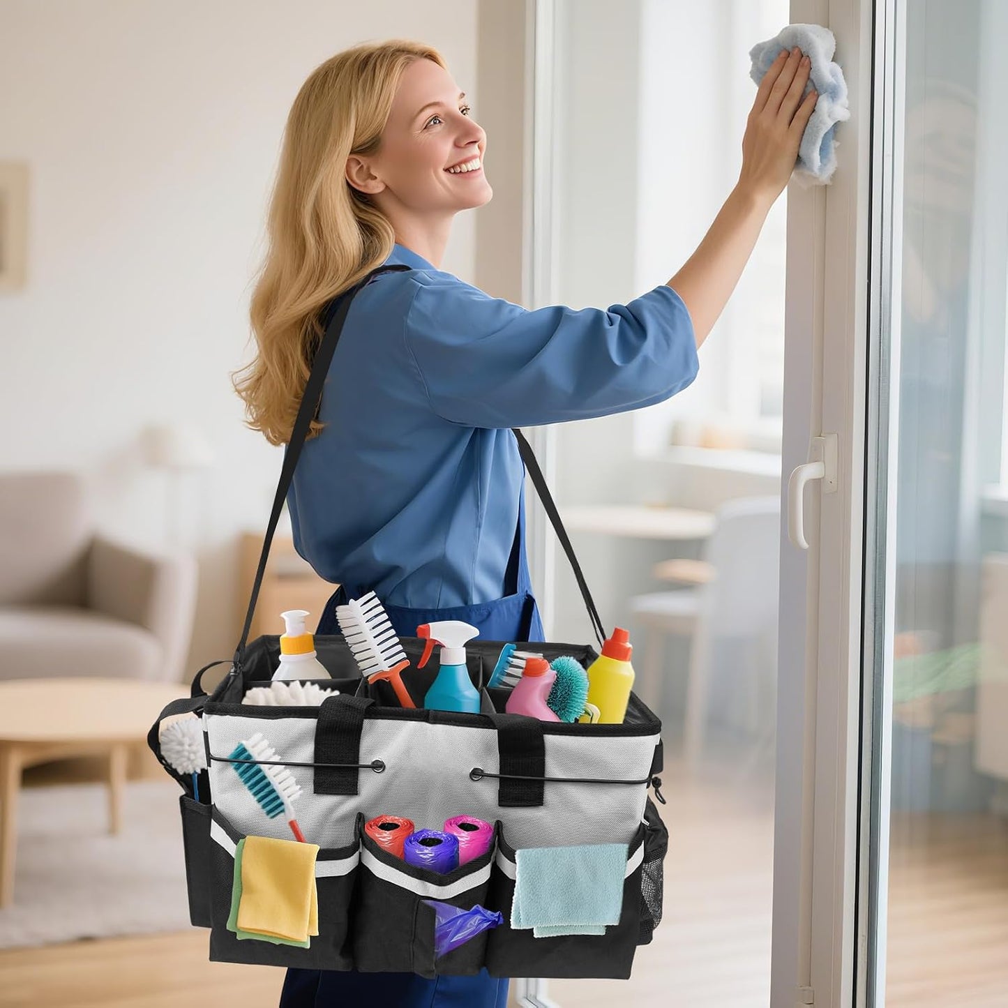 ZKOO Large Cleaning Caddy Bag with Handle, Built-in Sturdy Support Board, Adjustable Shoulder Strap, Multi-compartment Design Cleaning Supply Tote for Cleaners & Housekeepers (Pink)