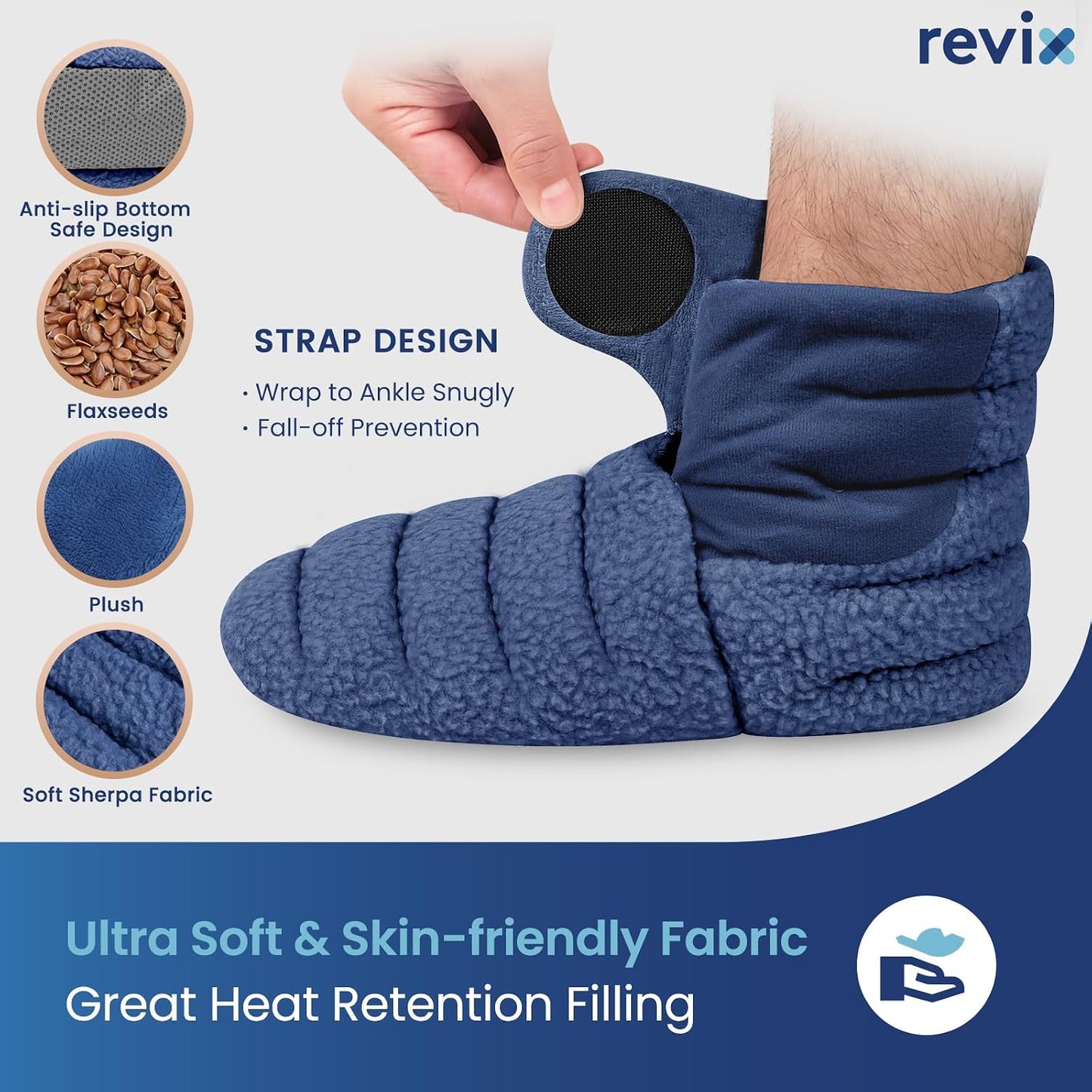 REVIX Microwavable Booties for Cold Feet, Heated Slippers, Navy S | Moist Heat Comfort With Flaxseed Filling, Soft Fabric And Adjustable Fit For Warming Cold Feet At Home, Bed And Relaxation