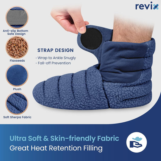 REVIX Microwavable Booties for Cold Feet, Heated Slippers, Navy S | Moist Heat Comfort With Flaxseed Filling, Soft Fabric And Adjustable Fit For Warming Cold Feet At Home, Bed And Relaxation