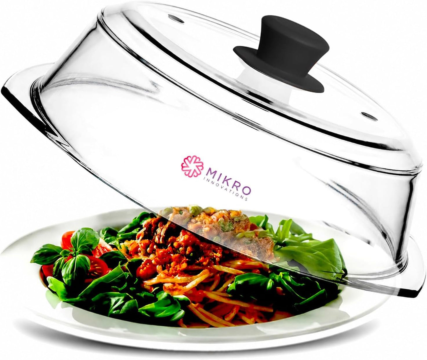 10.5-Inch Glass Microwave Splatter Cover – Borosilicate Glass Food Plate Splatter Guard with Vent Hole, BPA-Free, Easy-Grip Silicone Knob, Dishwasher Safe (1, Black, 10.5in)