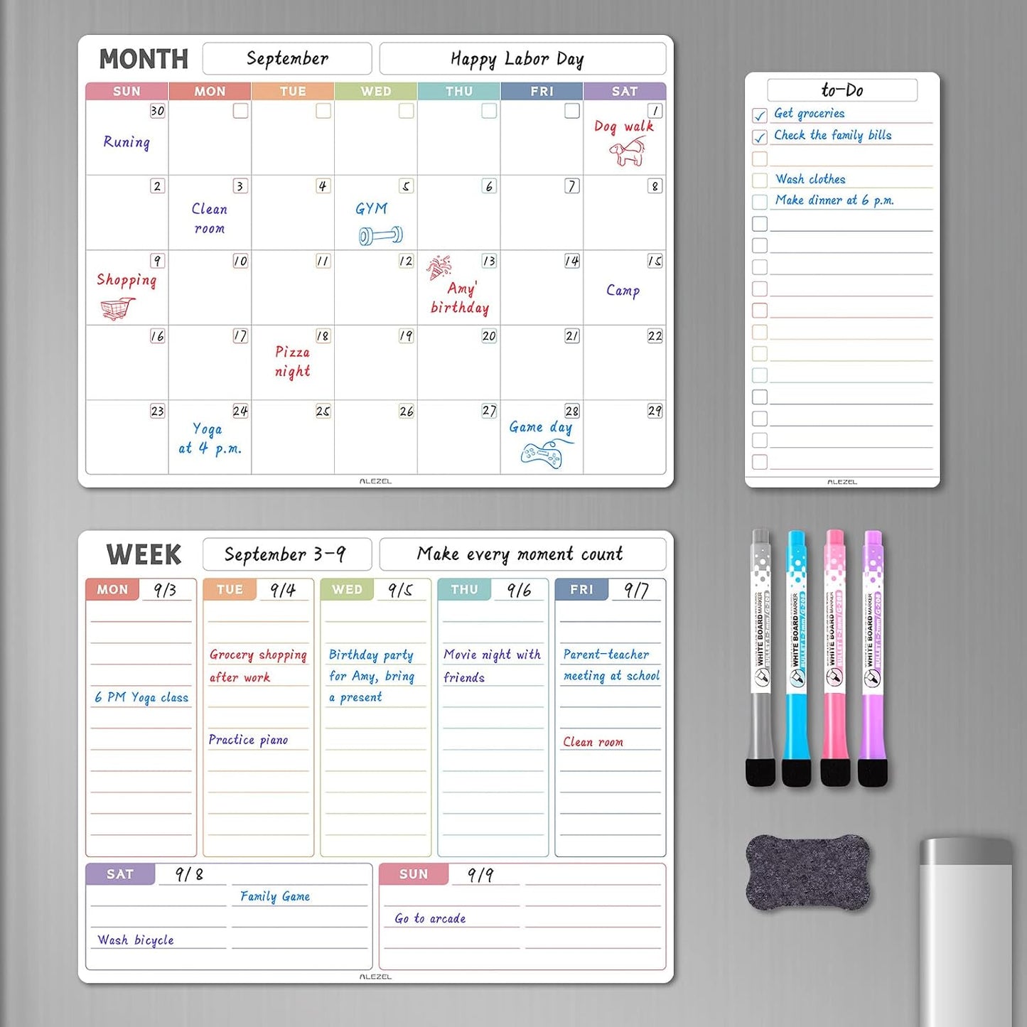 ALEZEL Magnetic Dry Erase Refrigerator Calendar Set | Dry Erase Fridge Calendar Set, Includes Magnetic Monthly & Weekly Planner with List White Board, 4 Markers + Eraser
