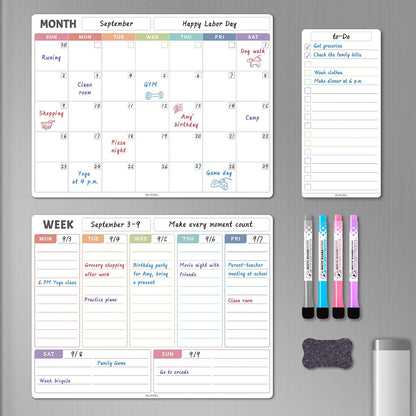ALEZEL Magnetic Dry Erase Refrigerator Calendar Set | Dry Erase Fridge Calendar Set, Includes Magnetic Monthly & Weekly Planner with List White Board, 4 Markers + Eraser