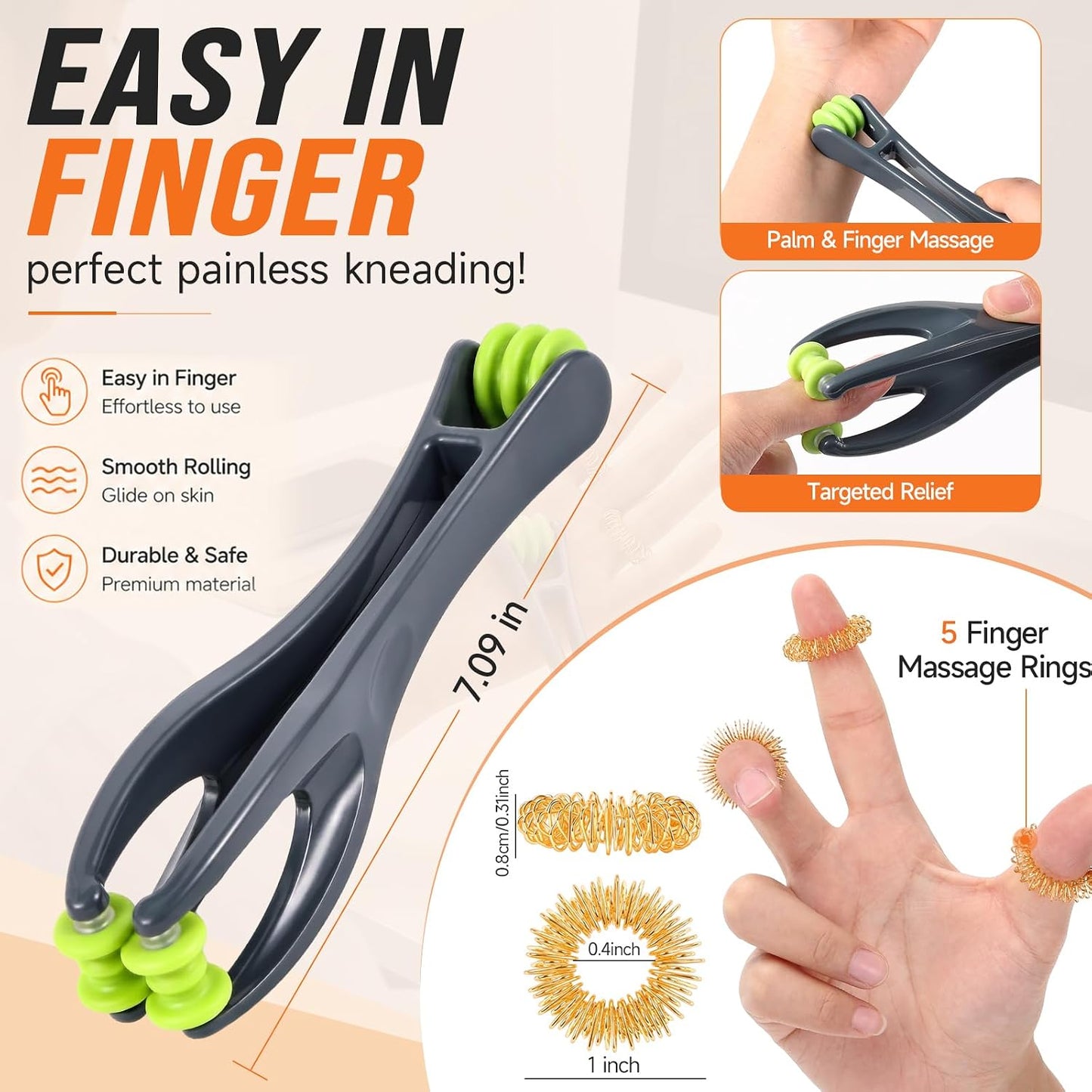 4 Pcs Manual Full Body Massage Tool Set with 5 Finger Rings | Handheld Spiky Massage Roller, Pressure Point Massage Stick, Deep Tissue Release, for Neck, Shoulder, Leg, Feet, Hand, Finger