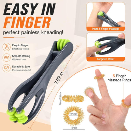 4 Pcs Manual Full Body Massage Tool Set with 5 Finger Rings | Handheld Spiky Massage Roller, Pressure Point Massage Stick, Deep Tissue Release, for Neck, Shoulder, Leg, Feet, Hand, Finger