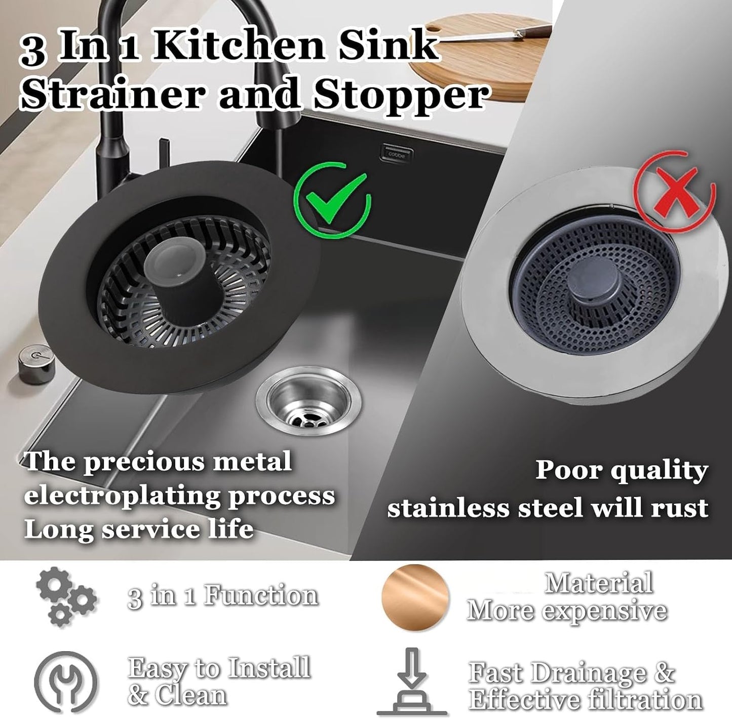 BAOLSLS 3 in 1 Kitchen Sink Stopper, Pop Up Kitchen Sink Drain Strainer | with An Extra Basket Strainer, Kitchen Sink Drain Stopper for US Standard 3-1/2 Inch, Chrome Silver