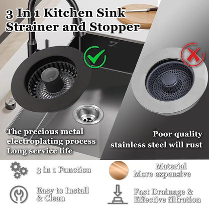 BAOLSLS 3 in 1 Kitchen Sink Stopper, Pop Up Kitchen Sink Drain Strainer | with An Extra Basket Strainer, Kitchen Sink Drain Stopper for US Standard 3-1/2 Inch, Chrome Silver