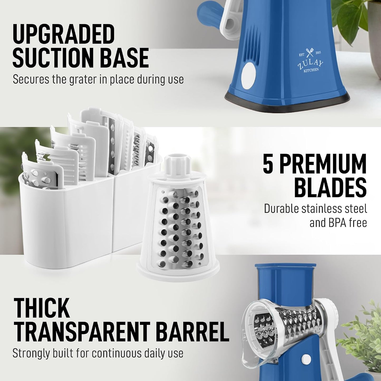 Zulay Kitchen Rotary Cheese Grater 5 Blade Cheese Shredder - Manual Hand Crank Cheese Grater With Reinforced Suction & 5 Interchangeable Drums - Easy to Use, Vegetable Chopper Round Mandoline Slicer - Colors A