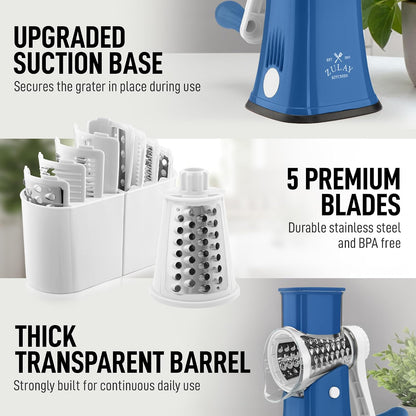 Zulay Kitchen Rotary Cheese Grater 5 Blade Cheese Shredder - Manual Hand Crank Cheese Grater With Reinforced Suction & 5 Interchangeable Drums - Easy to Use, Vegetable Chopper Round Mandoline Slicer - Colors A