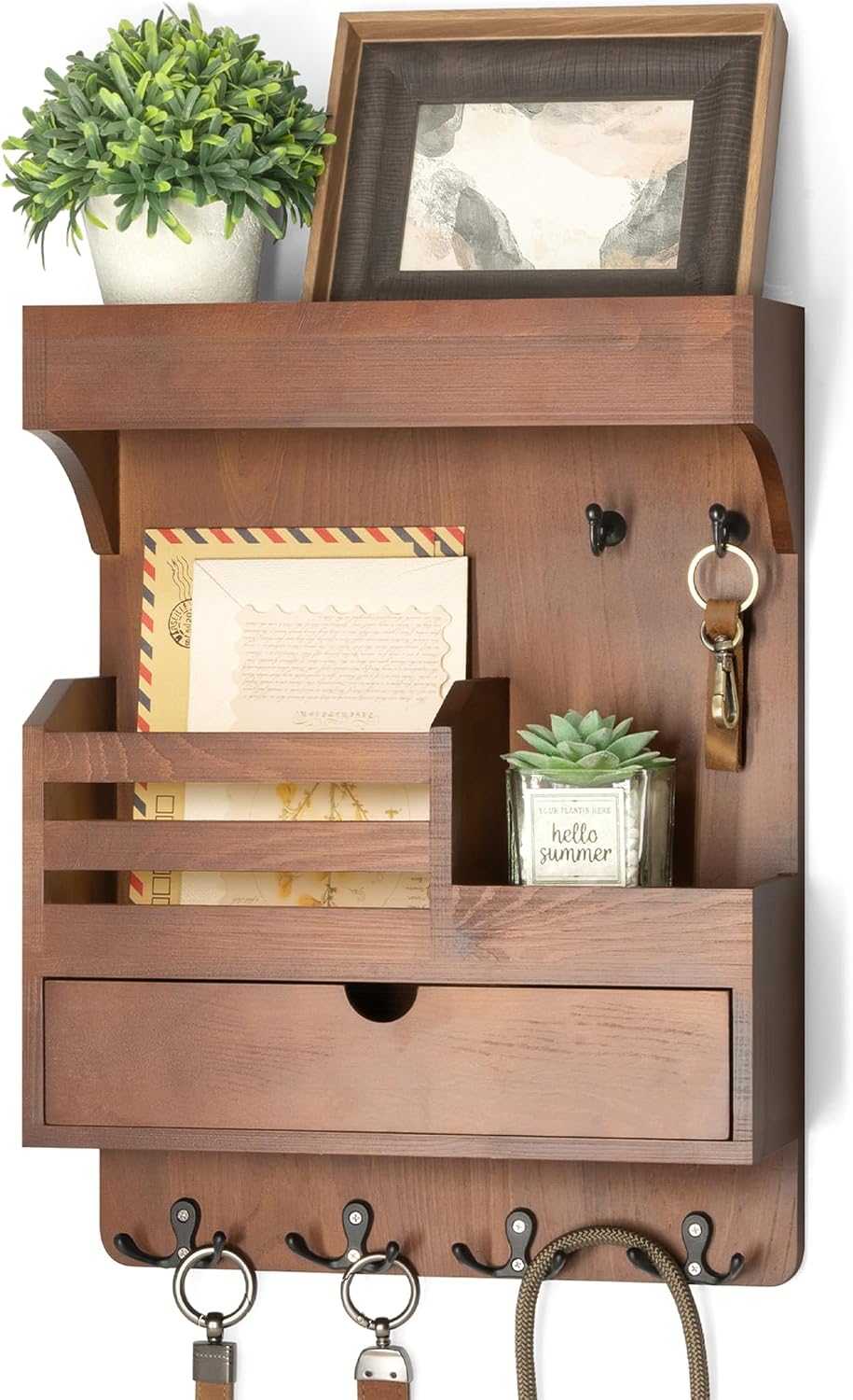 Rebee Vision Key Holder Wall Mount with Drawer Organizer for Entryway,Brown | Pine Wood, 6 Key Hooks, Display Shelf for Plants, Mail Slot for Storage Letter, Multi-Funtional Design, Home Storage