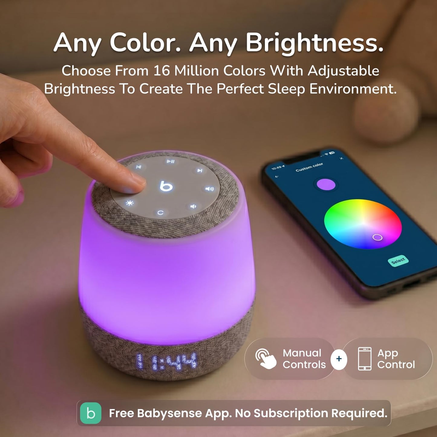 Babysense Baby Sound Machine with Night Light for Sleeping - Smart Portable Nursery White Noise Machine for Babies & Kids, Free App, No Subscription, 28 Sounds, Ok-to-Wake Alarm Clock, Sleep Timer