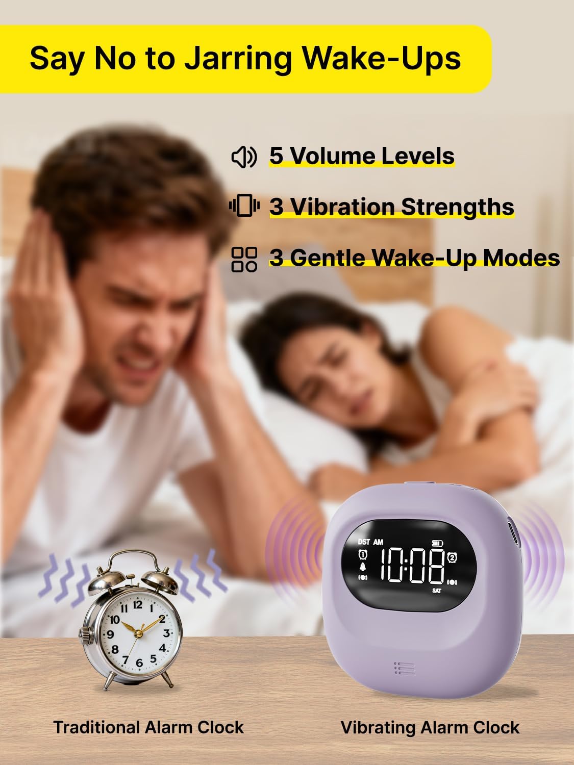 Rechargeable Vibrating Alarm Clock Bed Shaker, 3000mAh Portable Dual Alarm Under Pillow for Teens, Adults, Deaf People, 160 Days Standby for Travel, Dorm, Home Use