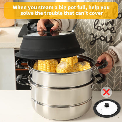 Collapsible Microwave Splatter Lid with Vented Tempered Glass Cover Wok Lid for Microwave Safe, Stockpot Steamer Pot Pan Round Bowl Plate 5" 6" 7" 8" 9" 10" Universal Multifunction Silicone Cover