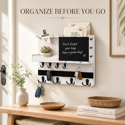 Key Holder for Wall Mount with Shelf and Mail Organizer, Key and Mail Holder with 16 Hooks, Farmhouse Entryway Organizer, Home Decor Rack (Pine Wood, White Washed)