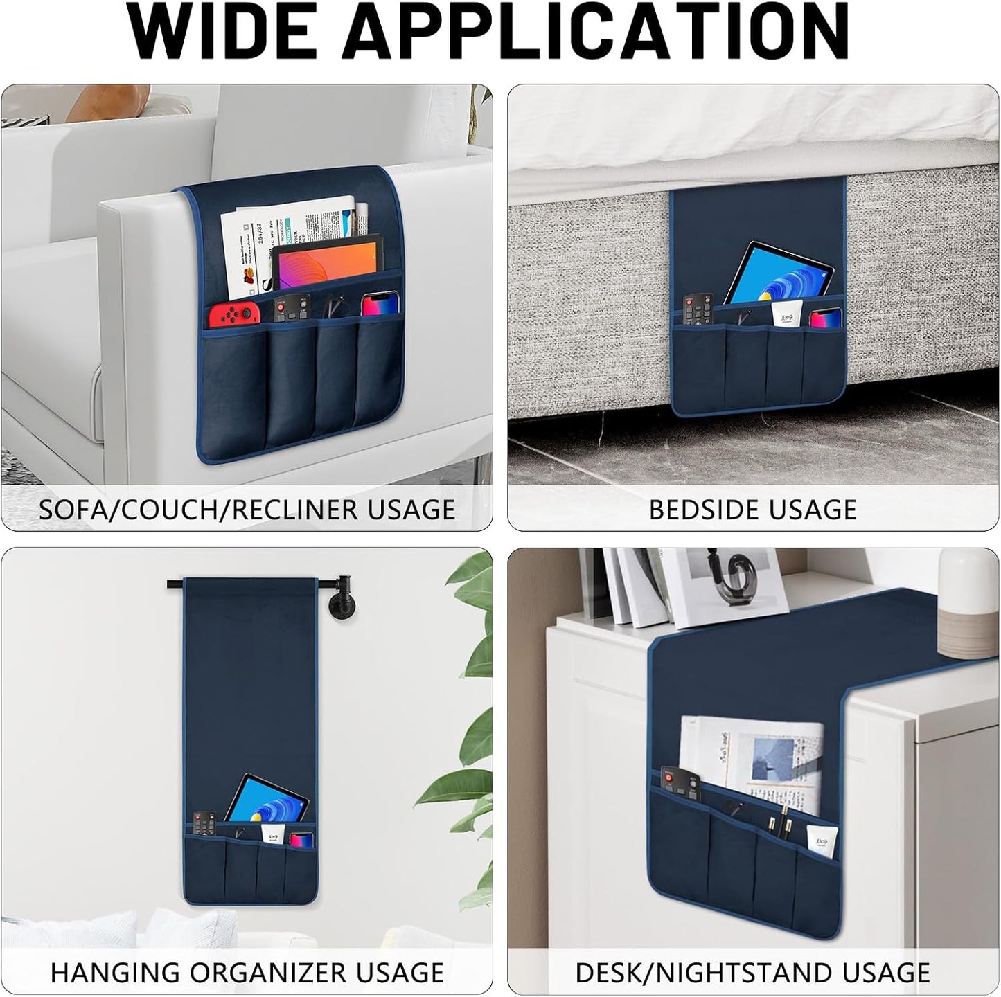 Remote Control Holder for Armchair Caddy, Remote Holder with 5 Pockets | Couch TV Remote Holder with Non-Slip Base, Bedside Caddy Organizer for Key Glasses Phone Magazine (Blue, 35"x12.4")