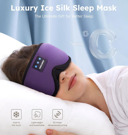 Ice Silk Sleep Mask with Headphones, Sleep Headphones for Side Sleeper with 3D Cups, Bluetooth 5.4 Sleeping Eye Mask, Total Blackout Sleeping Headphones for Women Men (Purple)