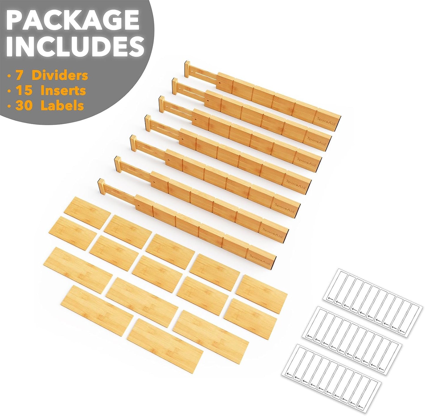 SpaceAid Bamboo Drawer Dividers with Inserts and Labels, Kitchen Adjustable Drawer Organizers, Expandable Organization for Home, Office, Dressers, 4 Dividers with 9 Inserts (17"-22" Natural)