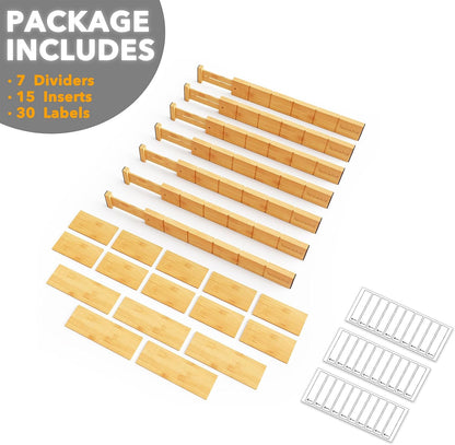 SpaceAid Bamboo Drawer Dividers with Inserts and Labels, Kitchen Adjustable Drawer Organizers, Expandable Organization for Home, Office, Dressers, 4 Dividers with 9 Inserts (17"-22" Natural)